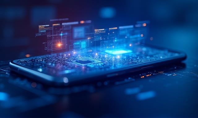 Close-up of futuristic technology device with holograms