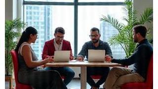 Modern coworking space with young entrepreneurs collaborating