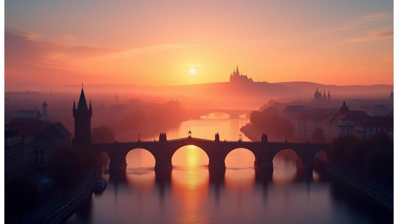 Prague skyline with the Charles Bridge and Vltava river at sunset